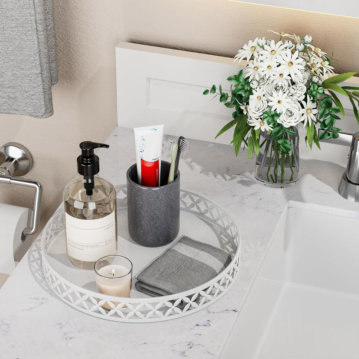 Vanity Tray for Bathroom Counter - 11 Inch Round White Decorative Tray