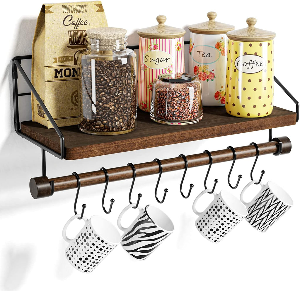 Alsonerbay Floating Shelf Coffee Bar Shelf with Towel Bar, Dark Brown