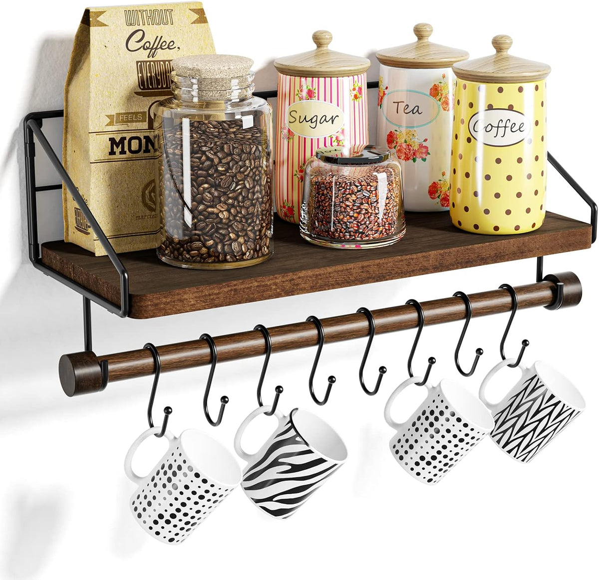 Alsonerbay Floating Shelf Coffee Bar Shelf with Towel Bar, Dark Brown