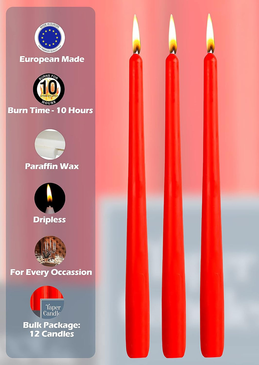 Hyoola 12 Pack Tall Red Taper Candles - 12 Inch Red Dripless, Unscented Dinner Candle - Paraffin Wax with Cotton Wicks - 10 Hour Burn Time