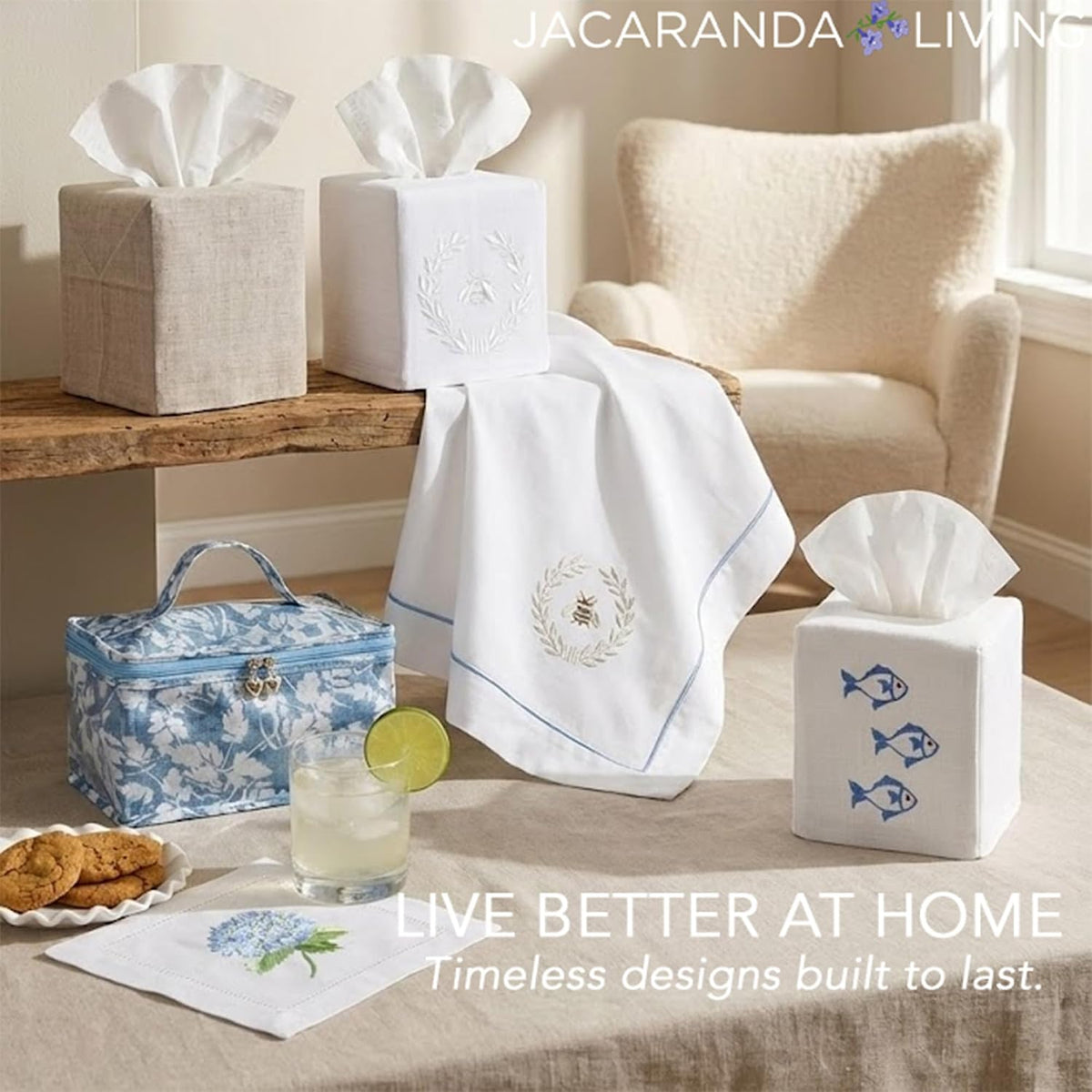 Jacaranda Living Square Tissue Box Cover, Linen/Cotton Fabric Tissue Holder, Decorative Cloth Tissue Cube Cover, Embroidered Bee Designs, Napoleon Bee Wreath (Duck Egg Blue)