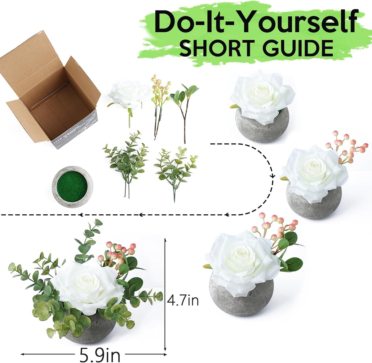 mizii DIY Small Artificial Flowers Potted Kit Fake Flower Realistic Silk Rose and Greenery with Vase for Gifts Table Centerpiece Mantle Office Desk Shelves Living Room Decorations (White)