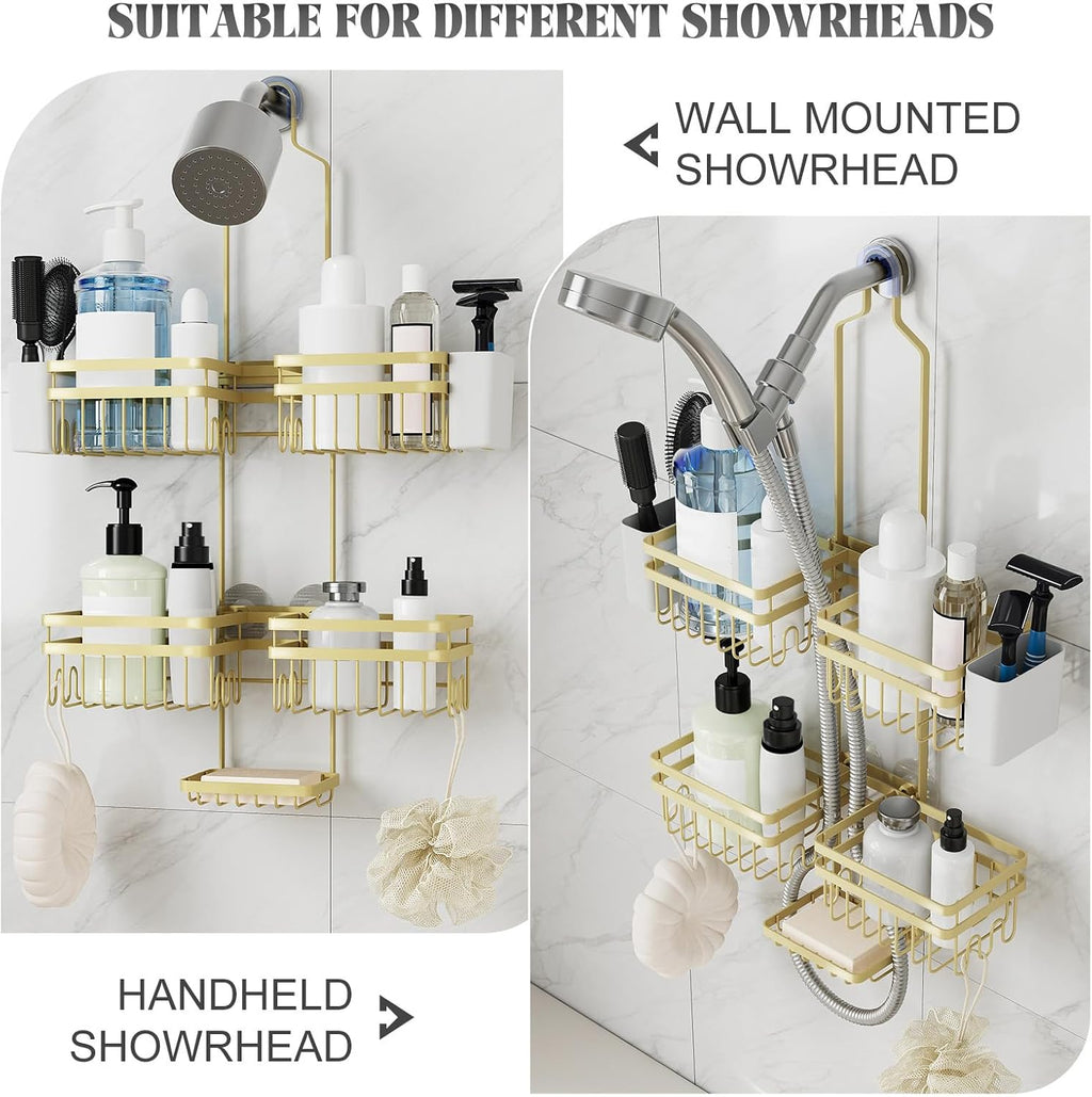Shower Caddy Hanging for Bathroom Organizers and Storage - 3-Tier Adjustable Anti-Swing Shower Organizer Hanging with Heavy-Duty Suction Cups, Damage-Free Rustproof (Gold)