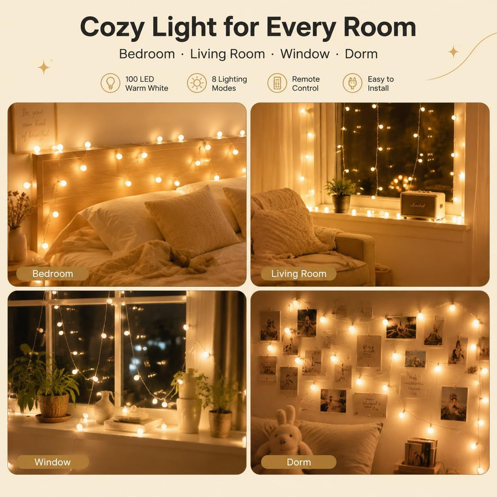 Warm Globe LED String Lights Indoor Bedroom 33FT 100LED Remote