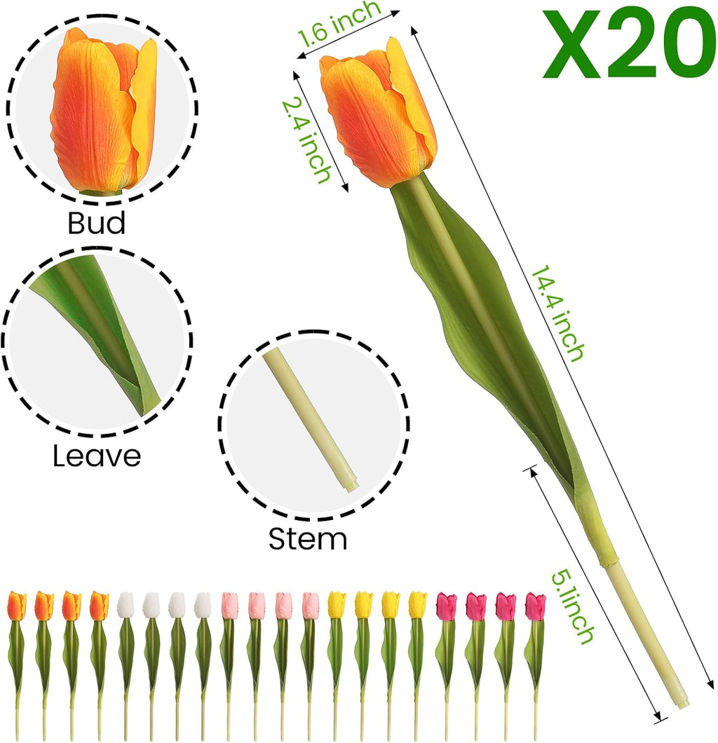Artificial Tulips - 20 Stems Real Touch Realistic Fake Tulip Flowers, Premium Silk Feel, UV-Resistant, Anti-Fade, Waterproof Lifelike Faux Tulips for Home Decor, Wedding, Party, DIY (Mix)