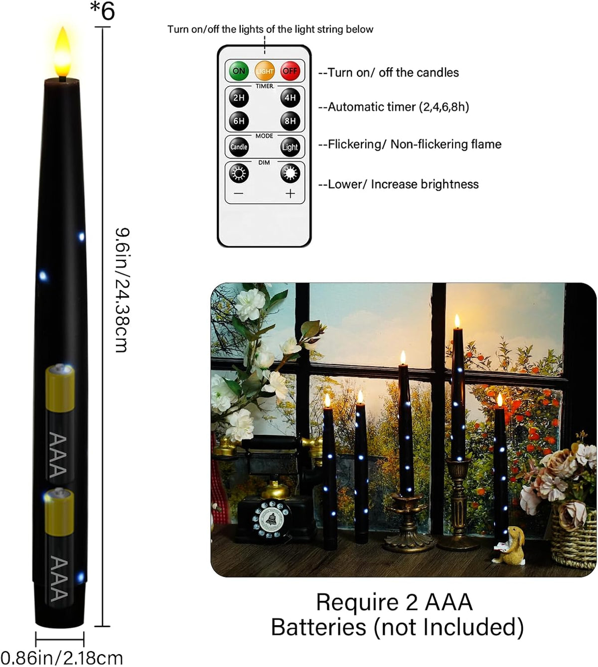 Nimiko Flameless Taper Candles with Star Lights, Remote Control, and Timer Control, Made of Real Wax, LED Battery-Powered Candles Suitable for Home, Party, and Wedding Decorations 6-Pack Black