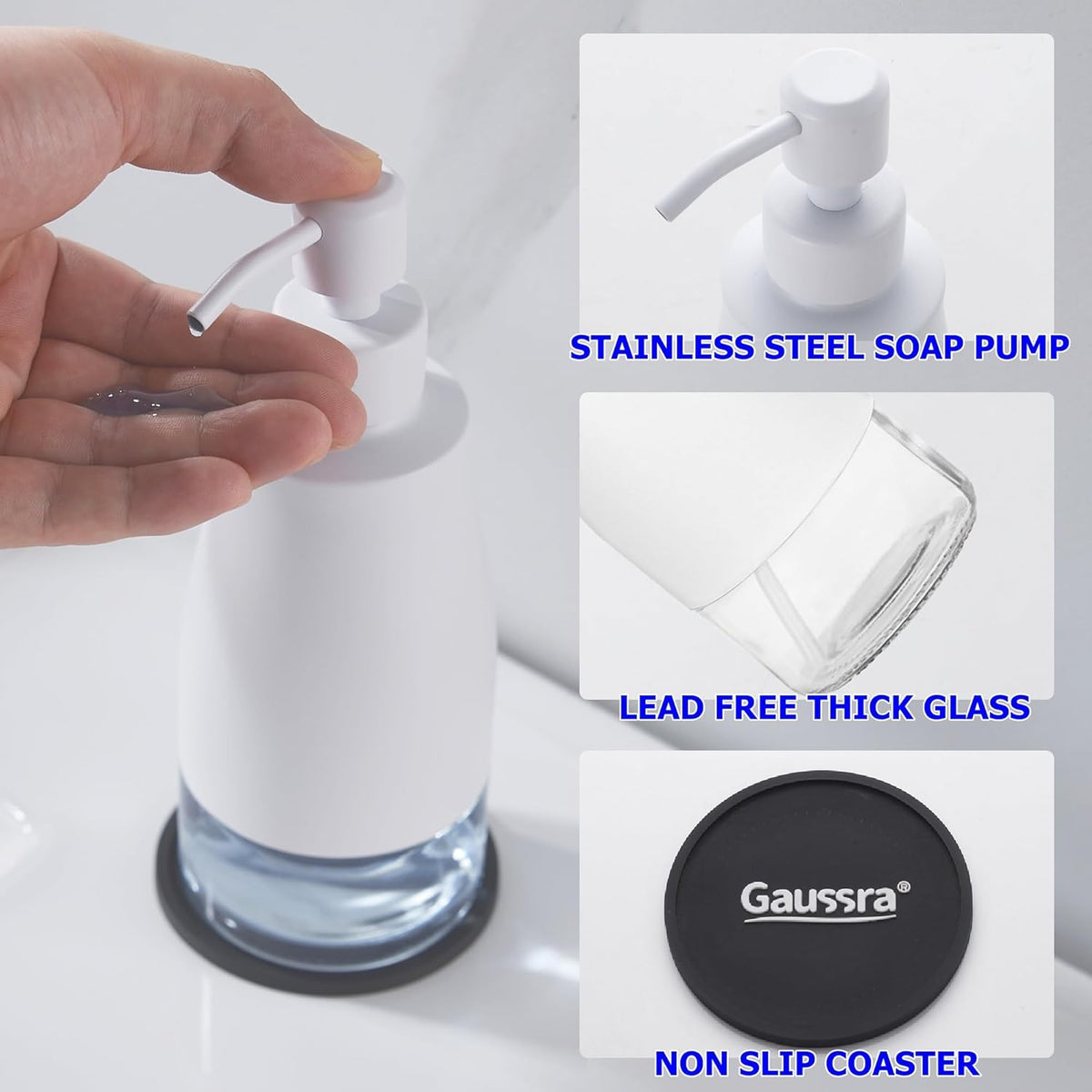 Gaussra White Soap Dispenser with Coaster and Stickers - 11 OZ / 320 ML