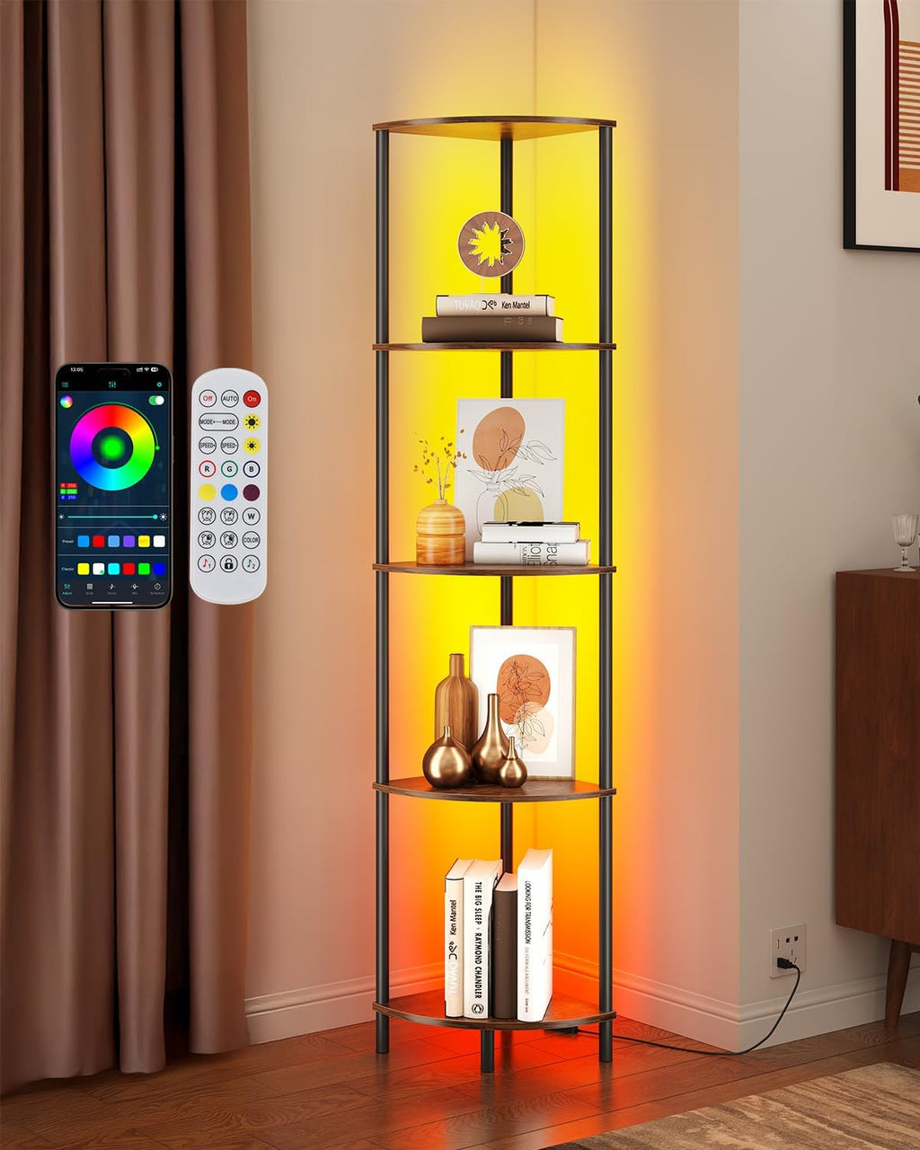 SUNMORY 5 Tier Corner Shelf with LED Light, Industrial 65" Corner Shelves