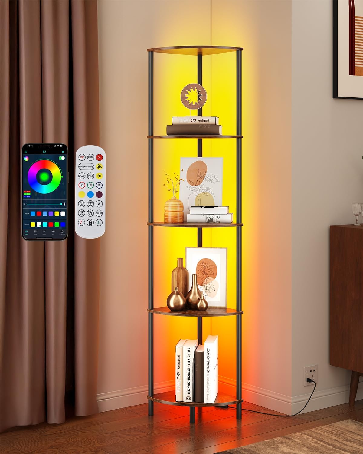 SUNMORY 5 Tier Corner Shelf with LED Light, Industrial 65" Corner Shelves