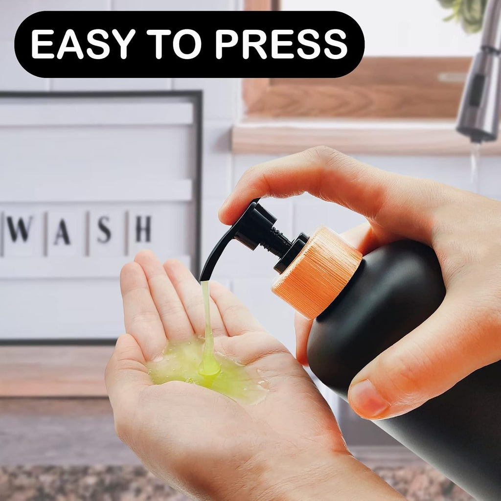 Black Soap Dispenser Set 16oz Plastic Soap Dispenser with Bamboo Pump Hand and Dish for Kitchen Refillable Soap Lotion Dispenser for Shampoo Conditioner Bathroom Kitchen Farmhouse