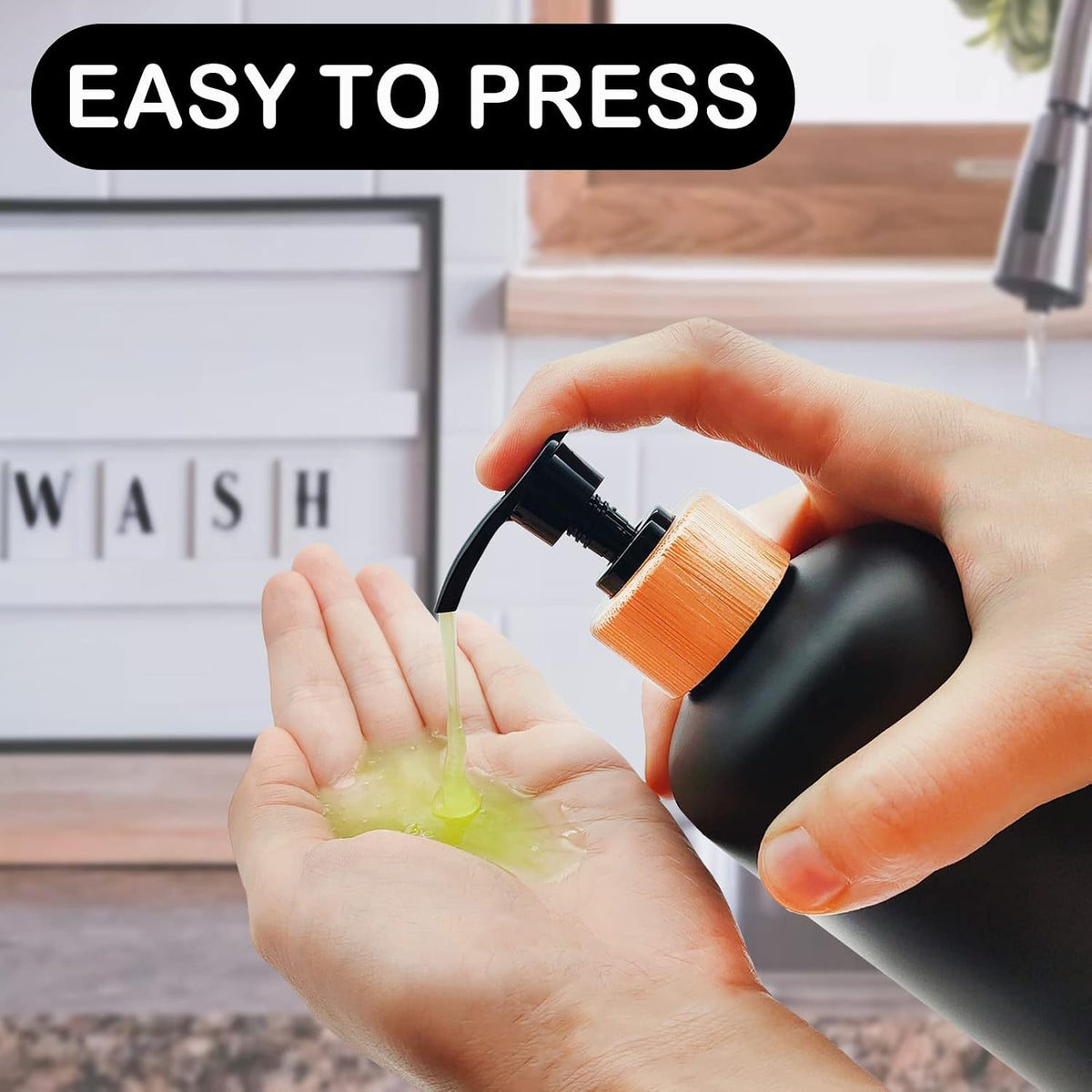 Black Soap Dispenser Set 16oz Plastic Soap Dispenser with Bamboo Pump Hand and Dish for Kitchen Refillable Soap Lotion Dispenser for Shampoo Conditioner Bathroom Kitchen Farmhouse