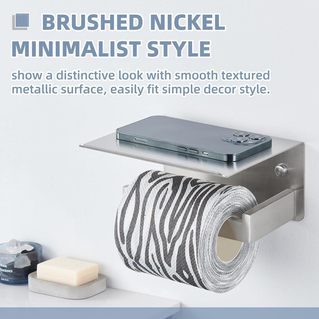APLusee Toilet Paper Holder with Shelf for Wall, Left Side, Brushed Nickel