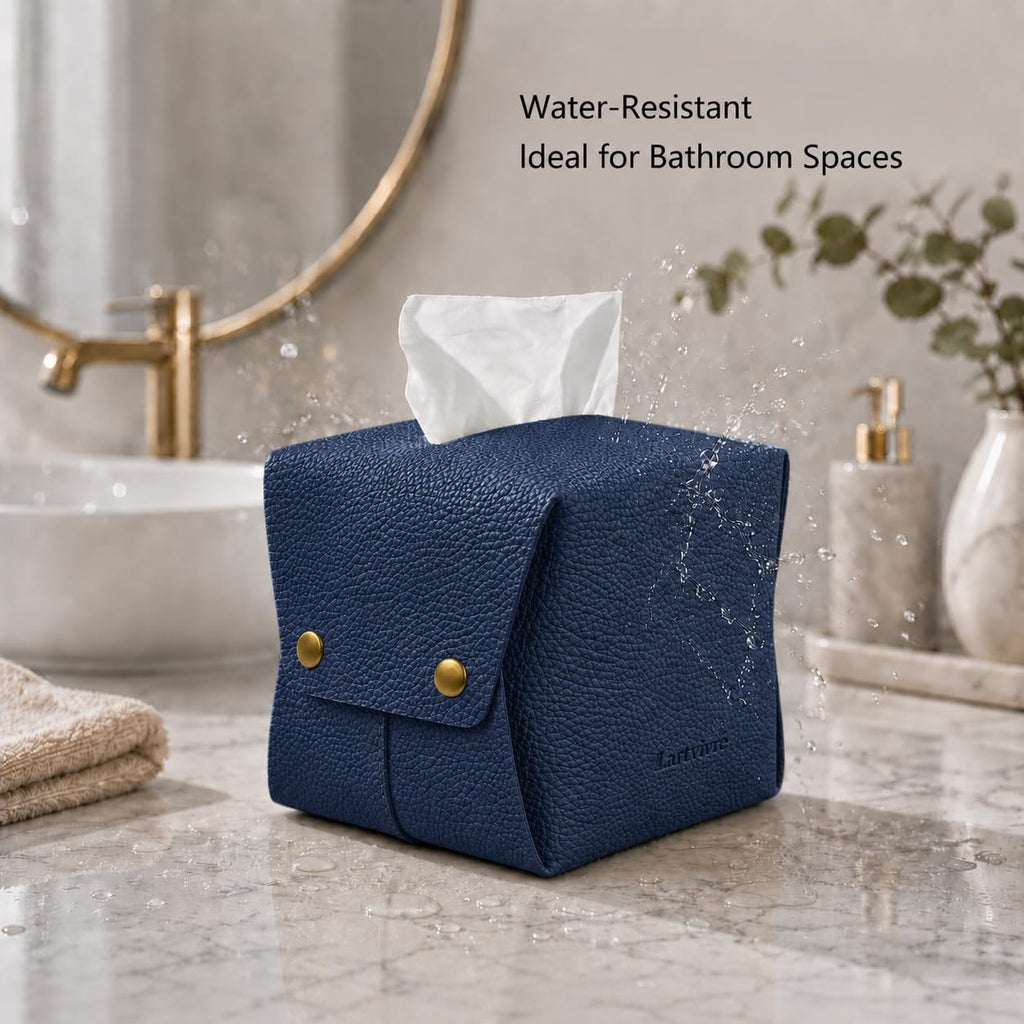 Grained Faux Leather Tissue Box Cover Square, Navy Blue