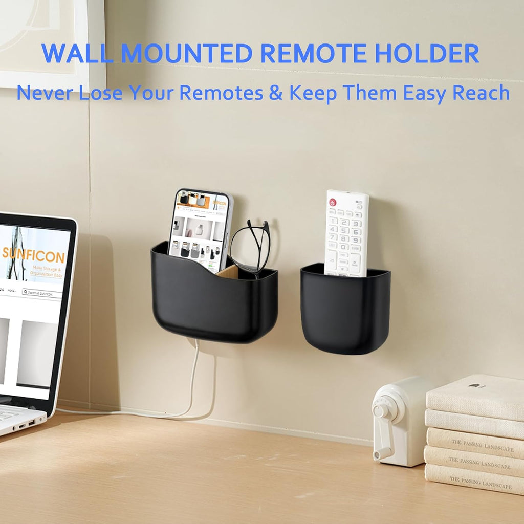 SUNFICON Wall Mount Remote Holder TV FAN Remote Control Holder Bedside Caddy Wall Organizer Phone Holder for Office Adhesive Media Player Controller Holder Box Tray Home Desk Nightstand Black 3PACK