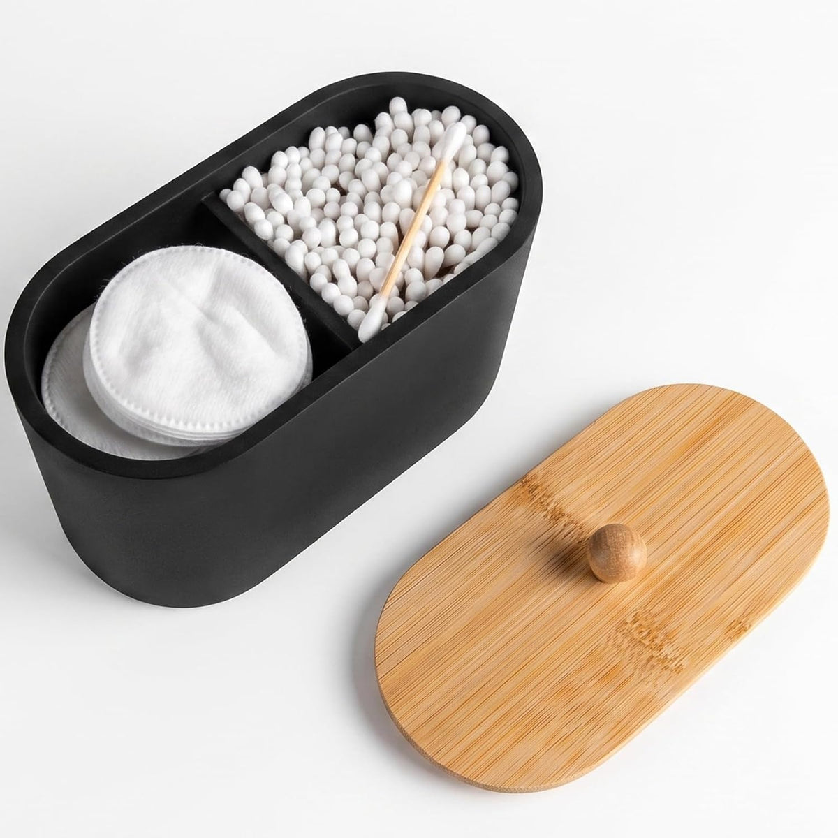 Cotton Swab Holder,Round Cotton Pads Balls Qtip Holder Dispenser with Lid, 2 Compartments Qtips Holder, Tampoms Period Box Bathroom Organizers Storage Bin Floss Dispenser Vanity Cosmetics, Black