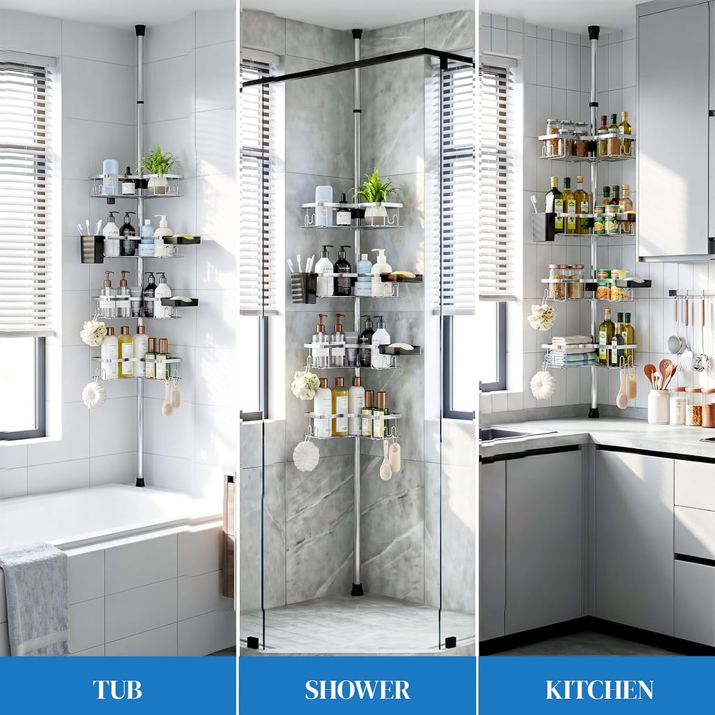 REINHARDT Corner Shower Caddy Tension Pole 4Tier Rustproof Organizer-Silver
