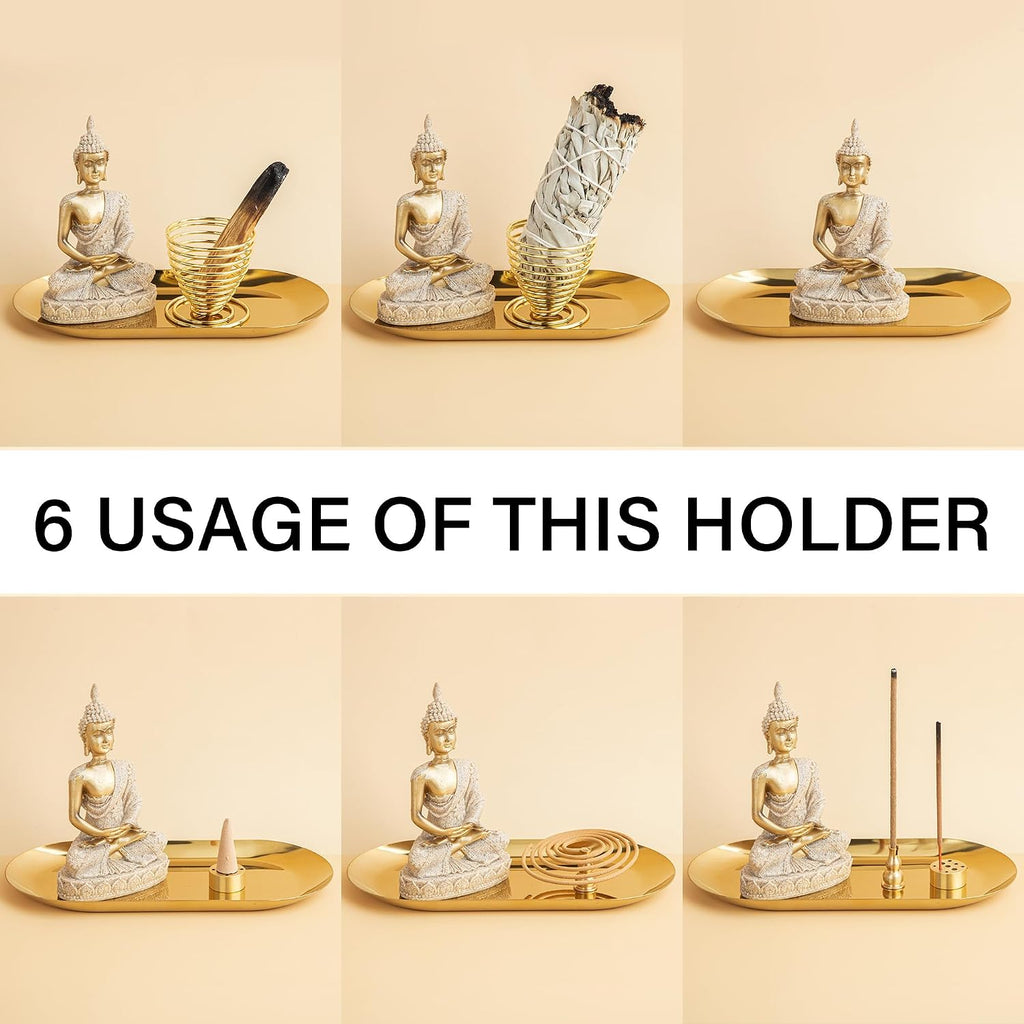 ZenBless 6 in 1 Incense Holder - Palo Santo, Buddha Statue, Sage & Incense Burner Holder for Sticks/Coil/Cones, Gold Oval Ash Catcher