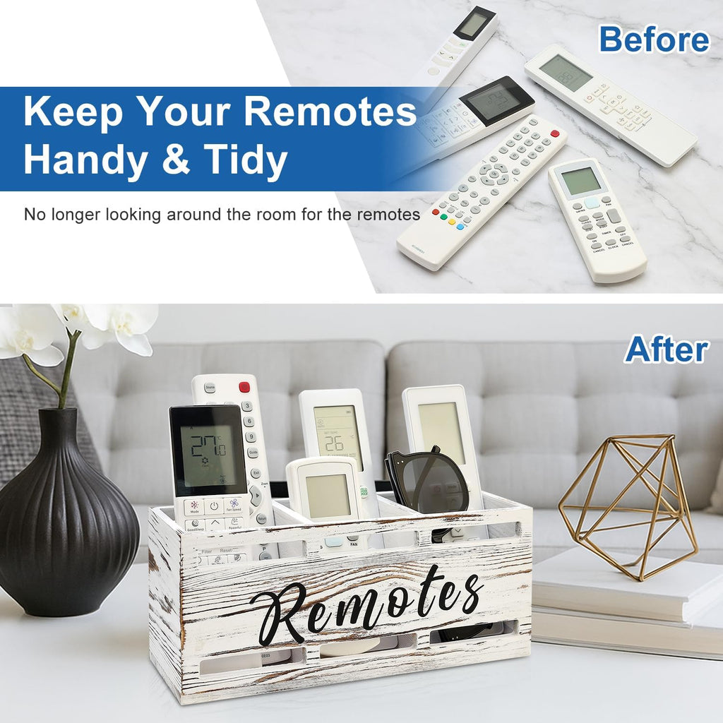 Rustic White Wooden Remote Control Holder for Wall Mount Table TV Organizer