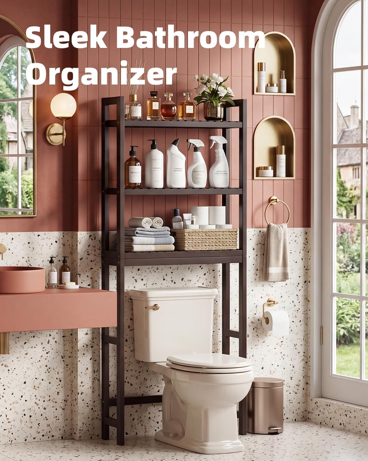 SMIBUY Bathroom Storage Shelf, Bamboo Over-The-Toilet Organizer Rack, Freestanding Toilet Space Saver with 3-Tier Adjustable Shelves (Dark Brown)