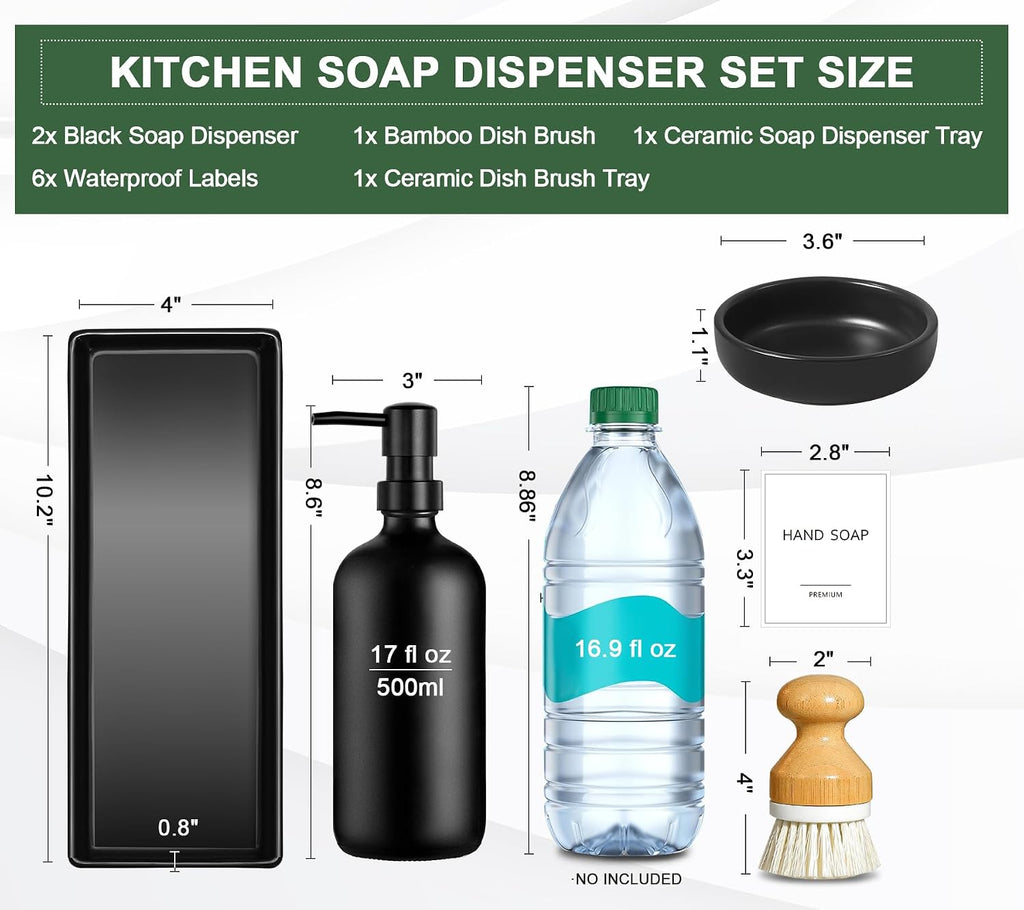GMISUN Kitchen Soap Dispenser Set, 17 fl oz Dish Soap Dispenser with Ceramic Tray & Bamboo Brush for Kitchen, 2Pcs Matte Black Glass Hand and Dish Soap Dispenser Set, Refillable Soap Bottle Set
