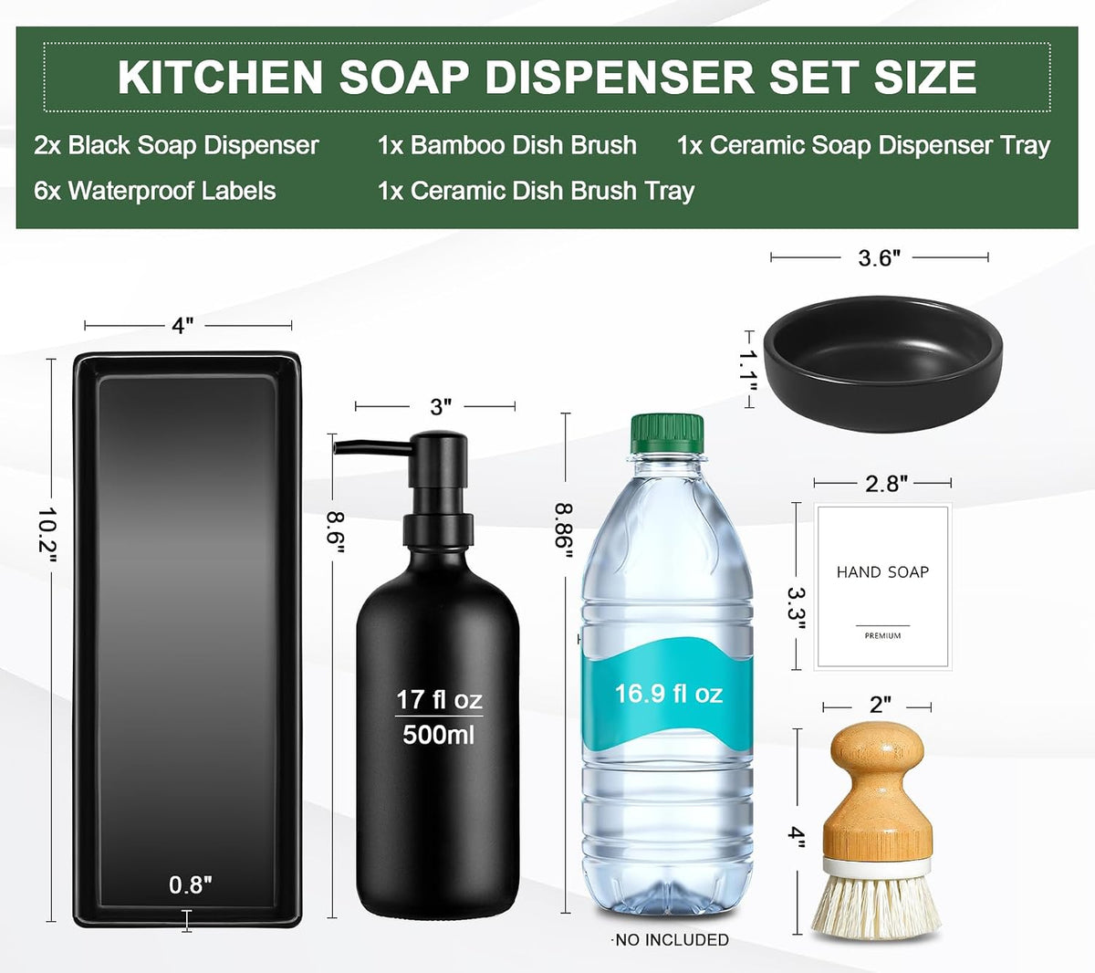 GMISUN Kitchen Soap Dispenser Set, 17 fl oz Dish Soap Dispenser with Ceramic Tray & Bamboo Brush for Kitchen, 2Pcs Matte Black Glass Hand and Dish Soap Dispenser Set, Refillable Soap Bottle Set