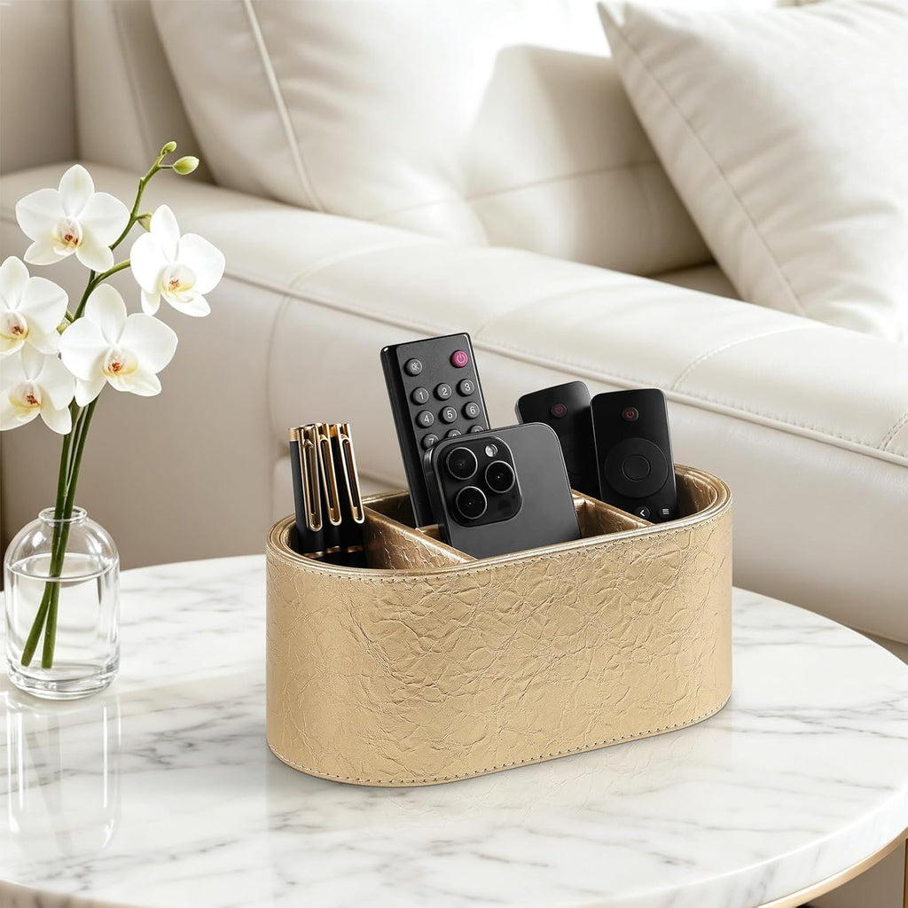 Oval Remote Control Holder, Nightstand Organizer Desk Caddy (Gold)