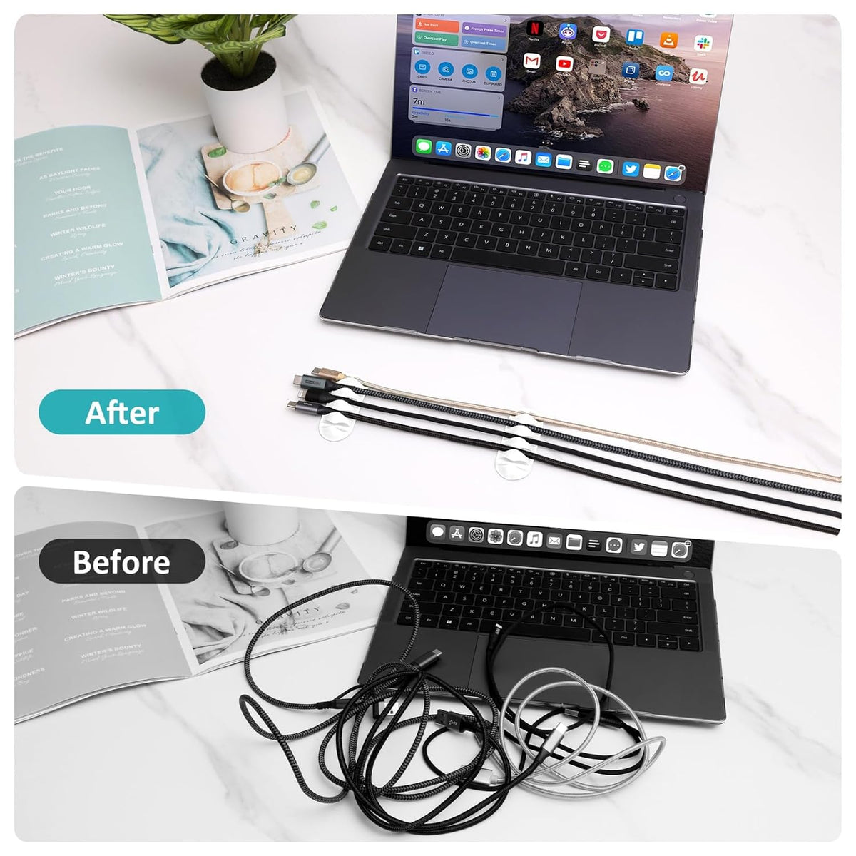 16Pack White Desk Cable Management, Adjustable Cord Organizer Clips
