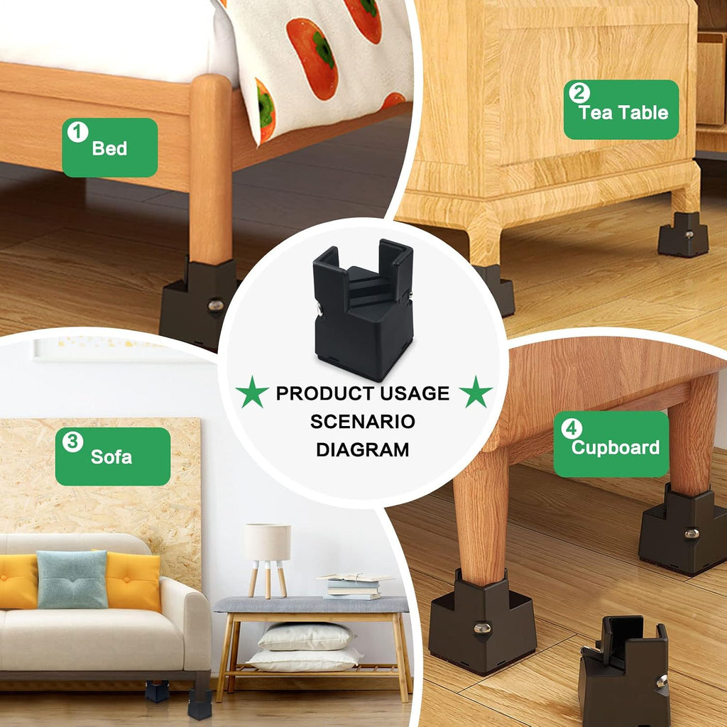 Huakaile 4Pcs Adjustable Furniture Risers 2In with Screw Clamp, Sturdy Desk Risers for Desk Legs, Bed Lifts Risers Heavy Duty, Table Risers for Chair Frame Width from 0.8-1.6in, Supports 4409lbs