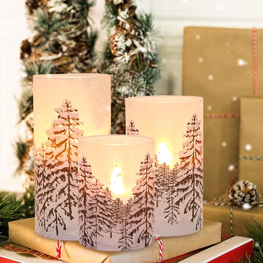 Christmas Tree Flameless Candles with Remote Control & Timer Function, Real Wax Glass Candles, Home Party Wedding Holiday Xmas Decor, Set of 3