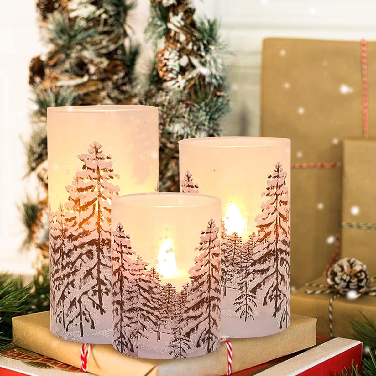Christmas Tree Flameless Candles with Remote Control & Timer Function, Real Wax Glass Candles, Home Party Wedding Holiday Xmas Decor, Set of 3