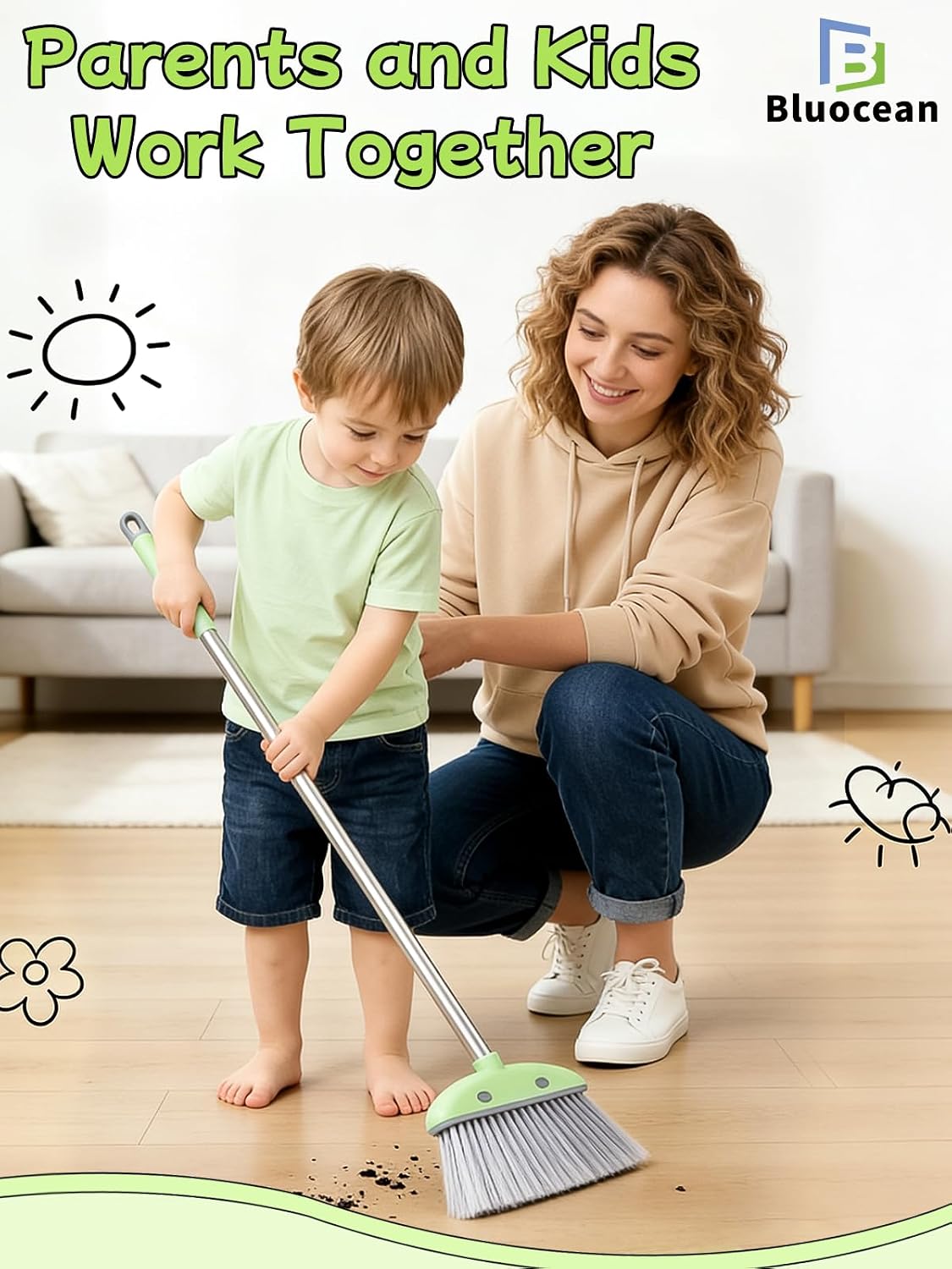 Toddler Cleaning Toy Set-28'' Kids Mini Broom with Dustpan & Mop, Toddler Household Helper, Parent-Child Interactive Play Cleaning Tool, Cute Cartoon Design, Small Safe Corner Broom (Green)