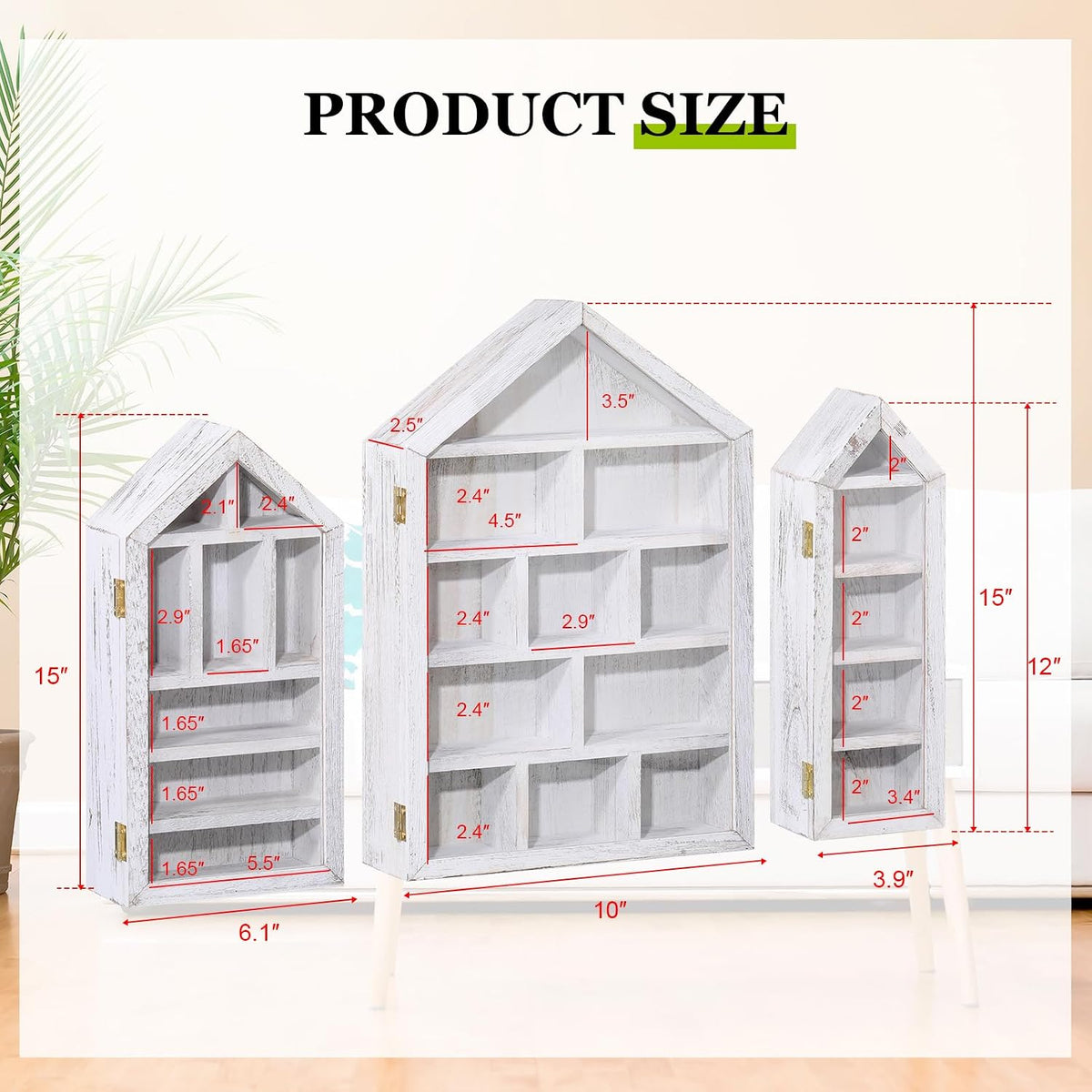 DoubleFill 3 Pcs Trinket Shelf Shadow Box, Antique White, House Shape
