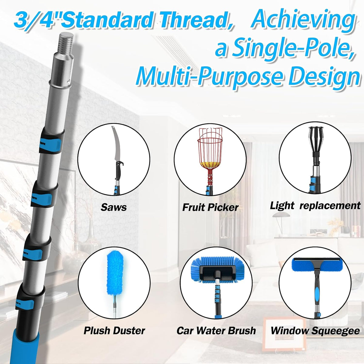 25FT Reach High Ceiling Duster Kits with 5-20FT Adjustable Pole - Includes Extra Long Duster, High Ceiling Duster, Rotatable Window Squeegee & Cobweb Duster for Ceiling Fans and Whole House Cleaning
