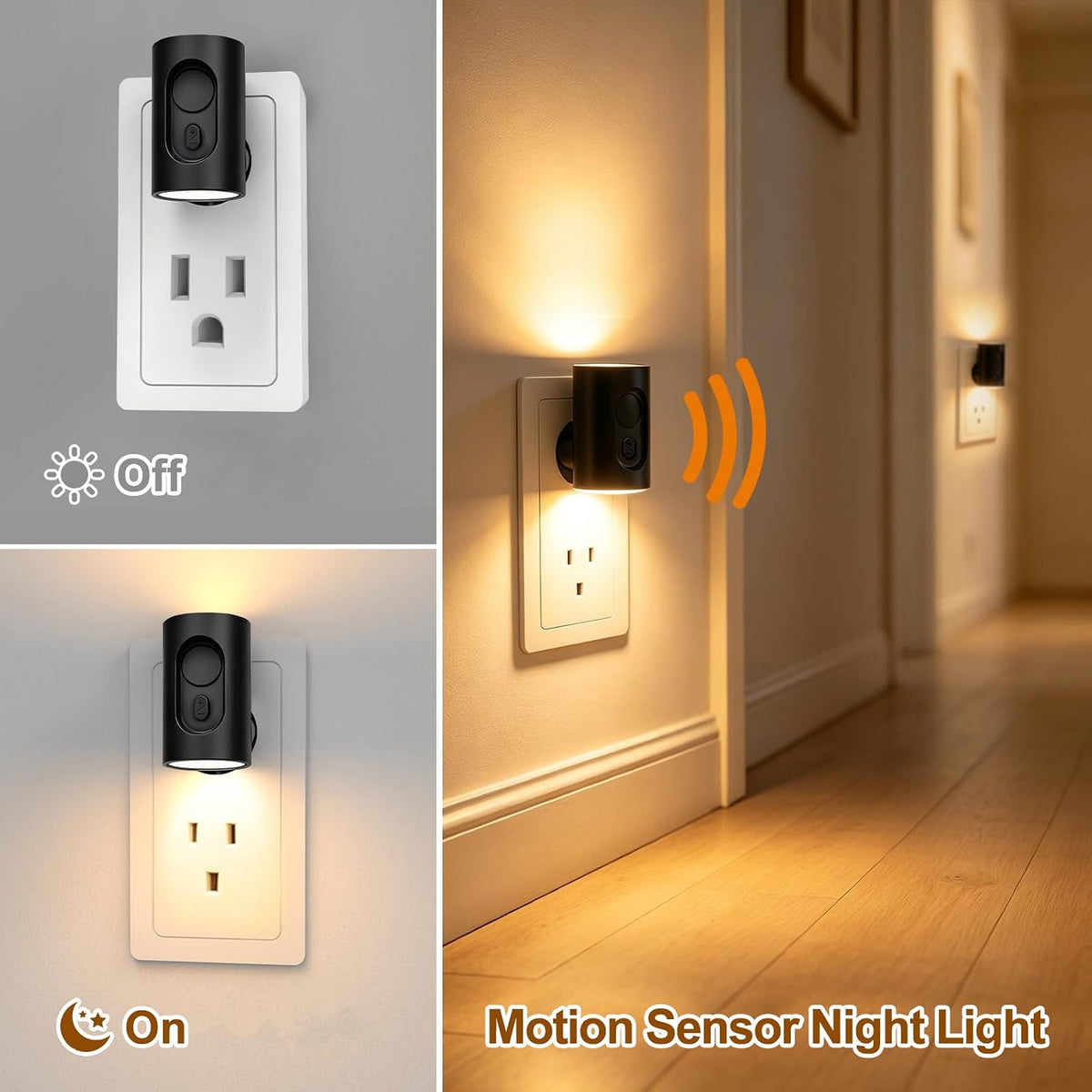 Plug in LED Night Light, Motion Sensor, Warm White Dimmable, Black 2 Pack