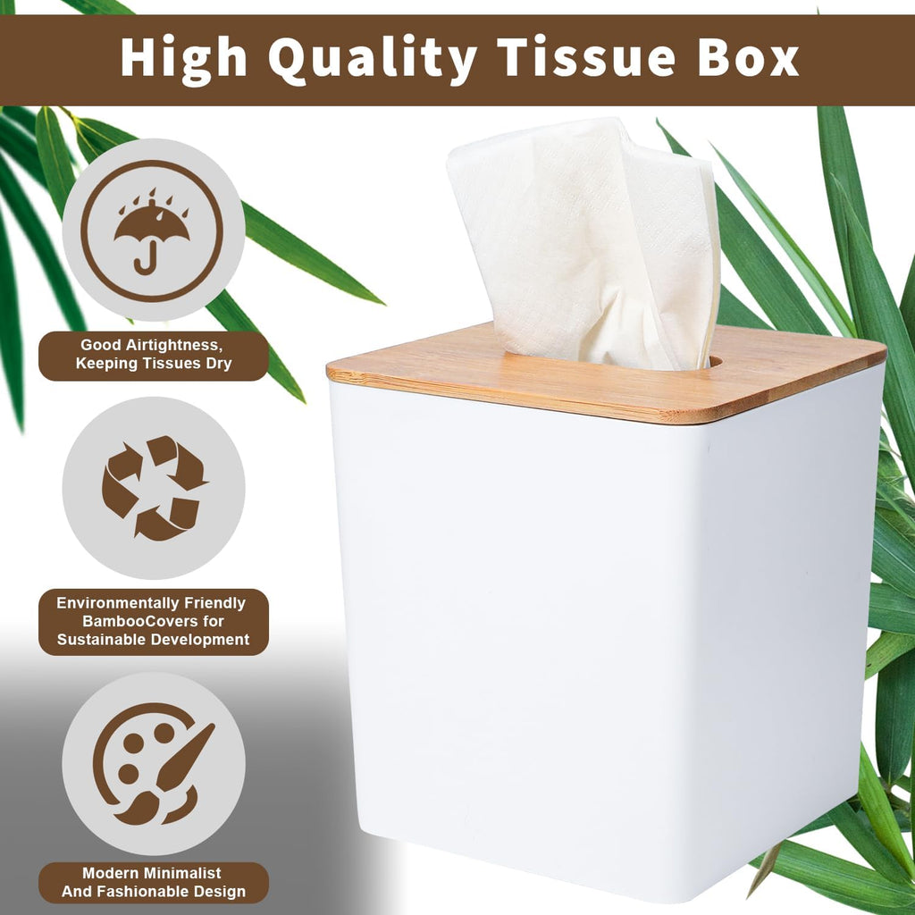 Tissue Box Cover Square, White, with Bamboo Lid, 1 Pack