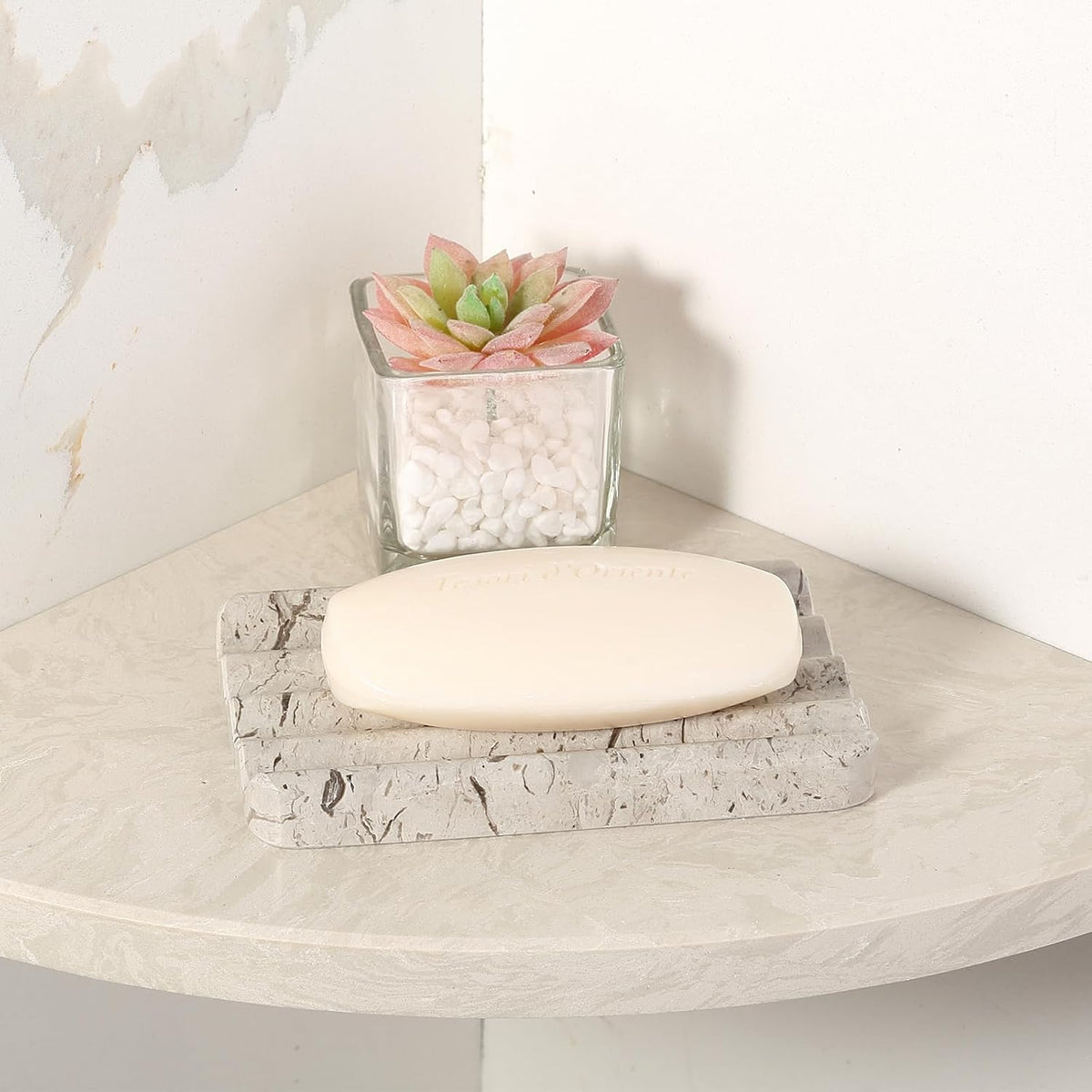 Koville Natural Grey Marble Soap Dish for Shower, Stone Soap Tray for Bathroom, Gray Bar Soap Holder for Sink, Stripe Grooves Soap Saver Stone Dish Keep Bars Dry Easy Clean