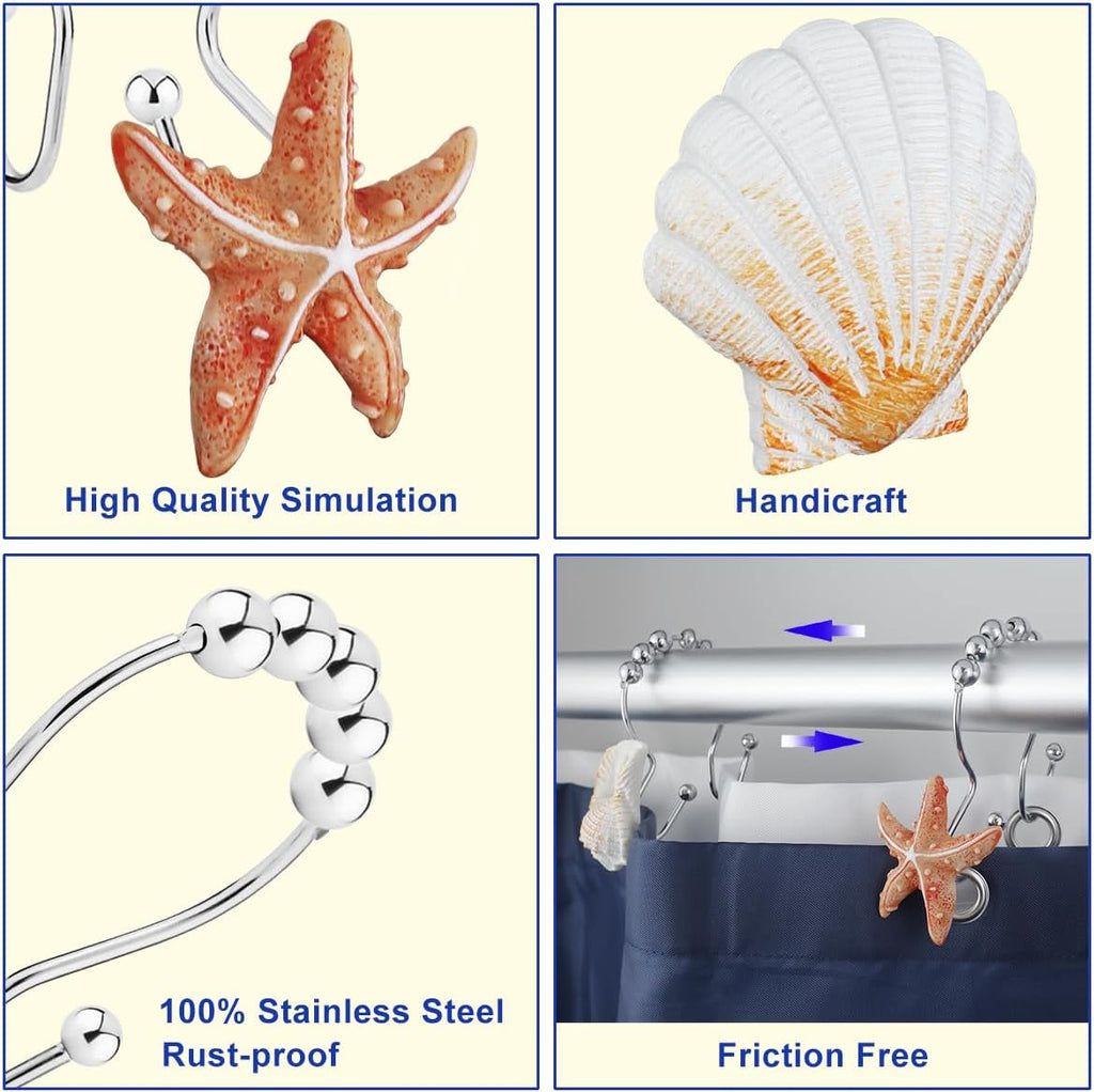 Shower Curtain Hooks Rings, 12PCS Anti Rust Seashell Decorative Double Resin Shower Hooks for Beach Bathroom, Baby Room, Bedroom, Living Room Décor