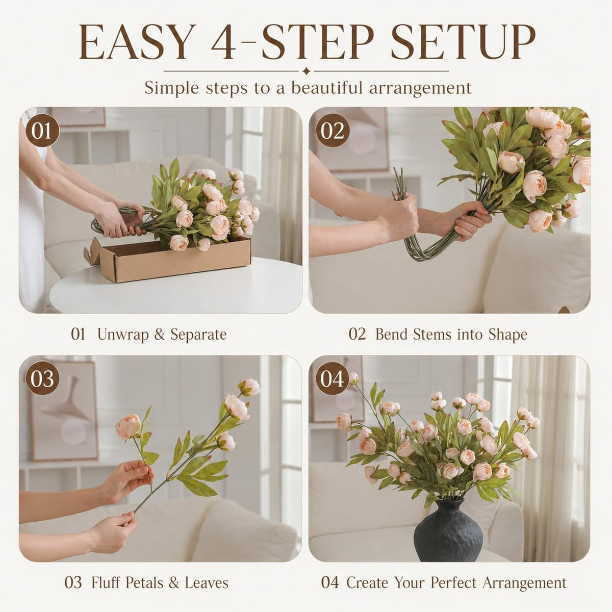 Peonies Artificial Flowers Champagne Faux Flowers for Vase Silk Flowers
