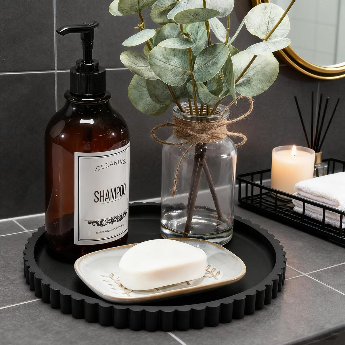 HighHerz Silicone Bathroom Countertop and Vanity Tray-10 Inch Round Silicone Bathroom Tray, Modern Bathroom Decor, Coffee Table Decor, Decorative Tray for Candle, Perfume, Plants (Black)