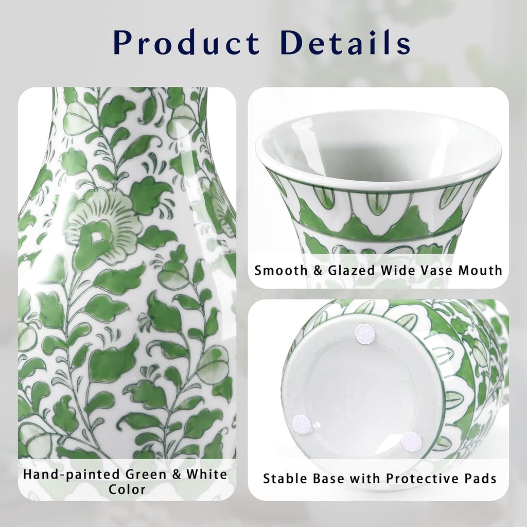 Green and White Ceramic Vase 11" Chinoiserie Flower Vase in Wide Mouth