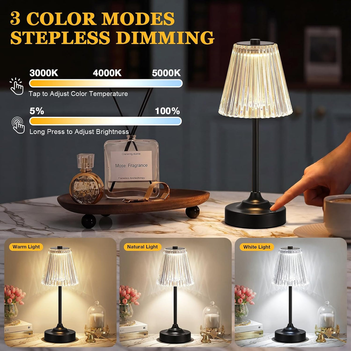 Black Cordless Rechargeable Table Lamp, Touch Battery Powered Lamp, 3 Color Modes, Crystal Acrylic Lampshade, Portable Ambient Night Light for Desk, Bedroom, Living Room, Dining Room, Kitchen, Bar