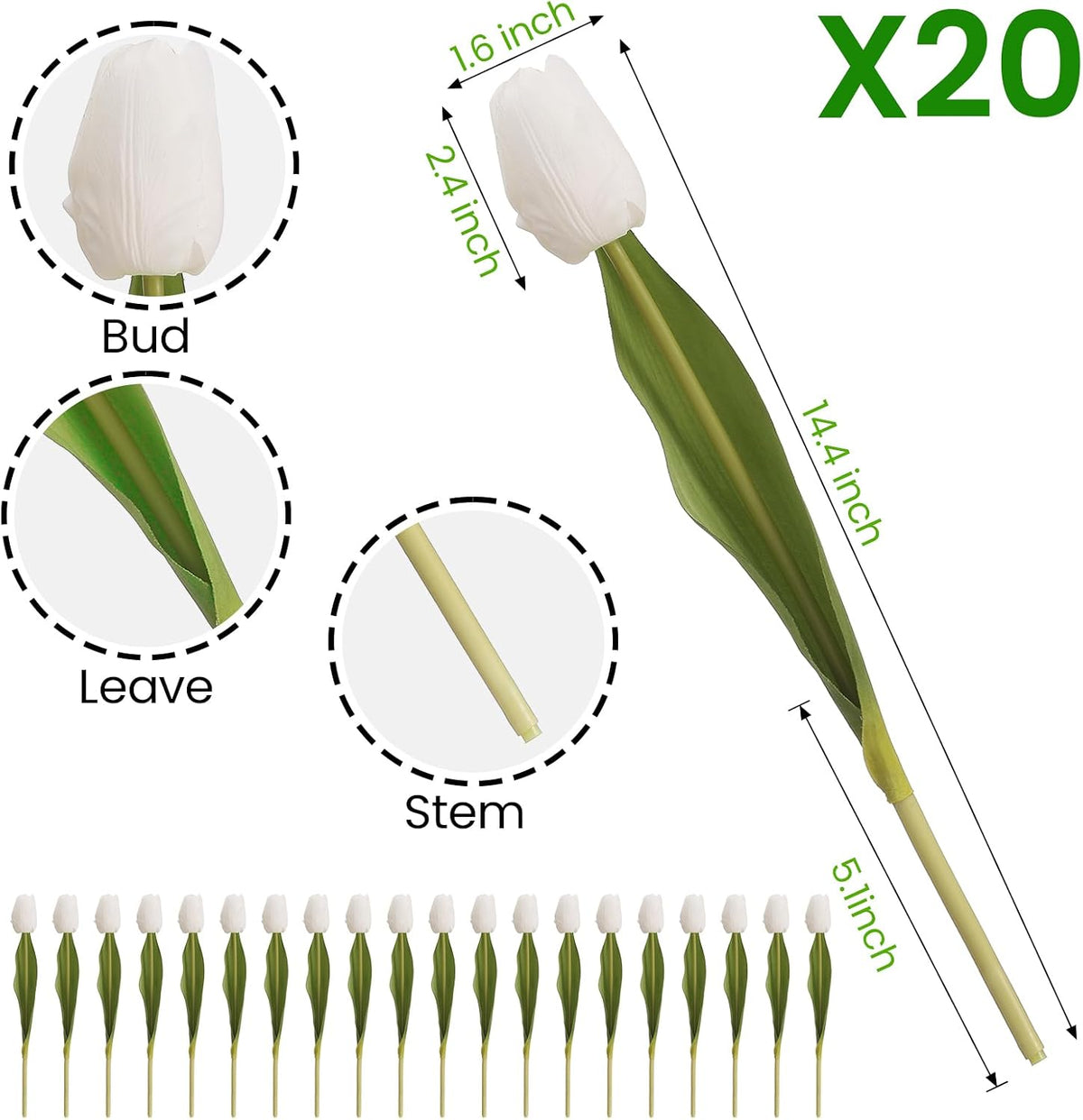 Artificial Tulips - 20 Stems Real Touch Realistic Fake Tulip Flowers, Premium Silk Feel, UV-Resistant, Anti-Fade, Waterproof Lifelike Faux Tulips for Home Decor, Wedding, Party, DIY (White)