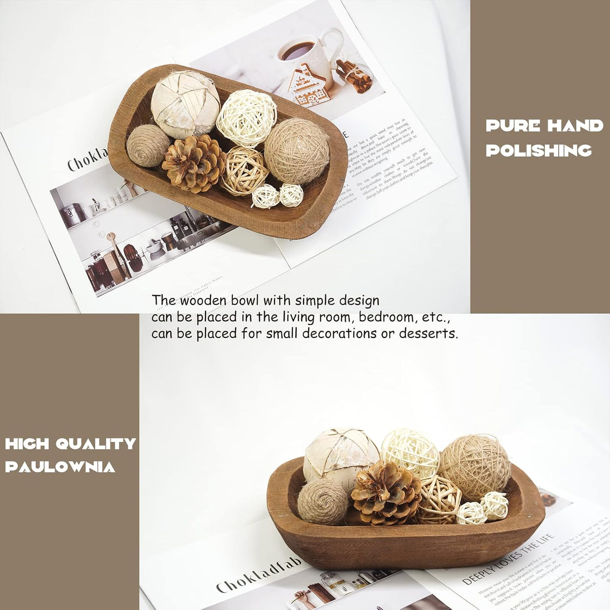 Decorative Bowl Vintage Wooden Dough Bowls Hand Carved, Farmhouse Country, Restaurant, Cafe Decoration, Place Bread, Fruit, Aromatherapy. (10x6x2in)