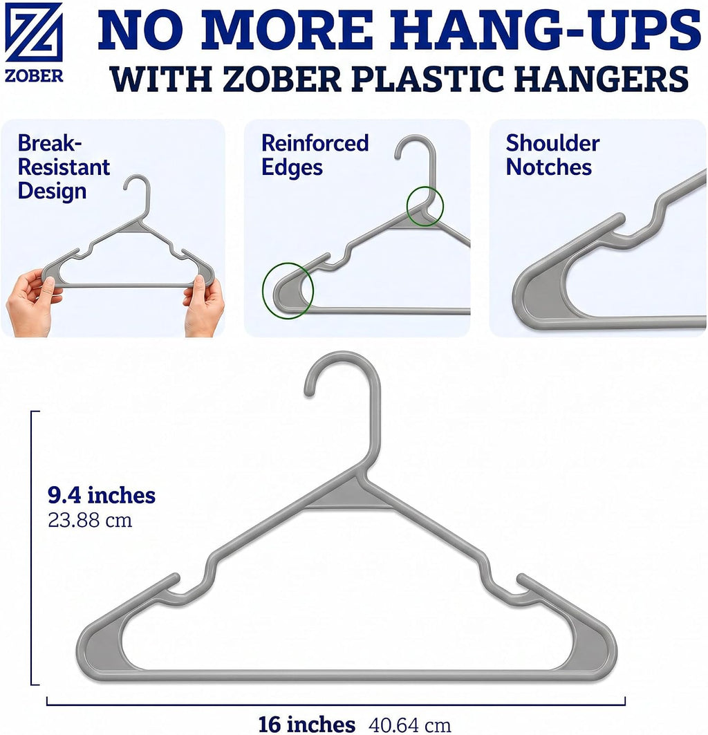 Zober Gray Plastic Hangers 50 Pack, Clothes Hangers Plastic
