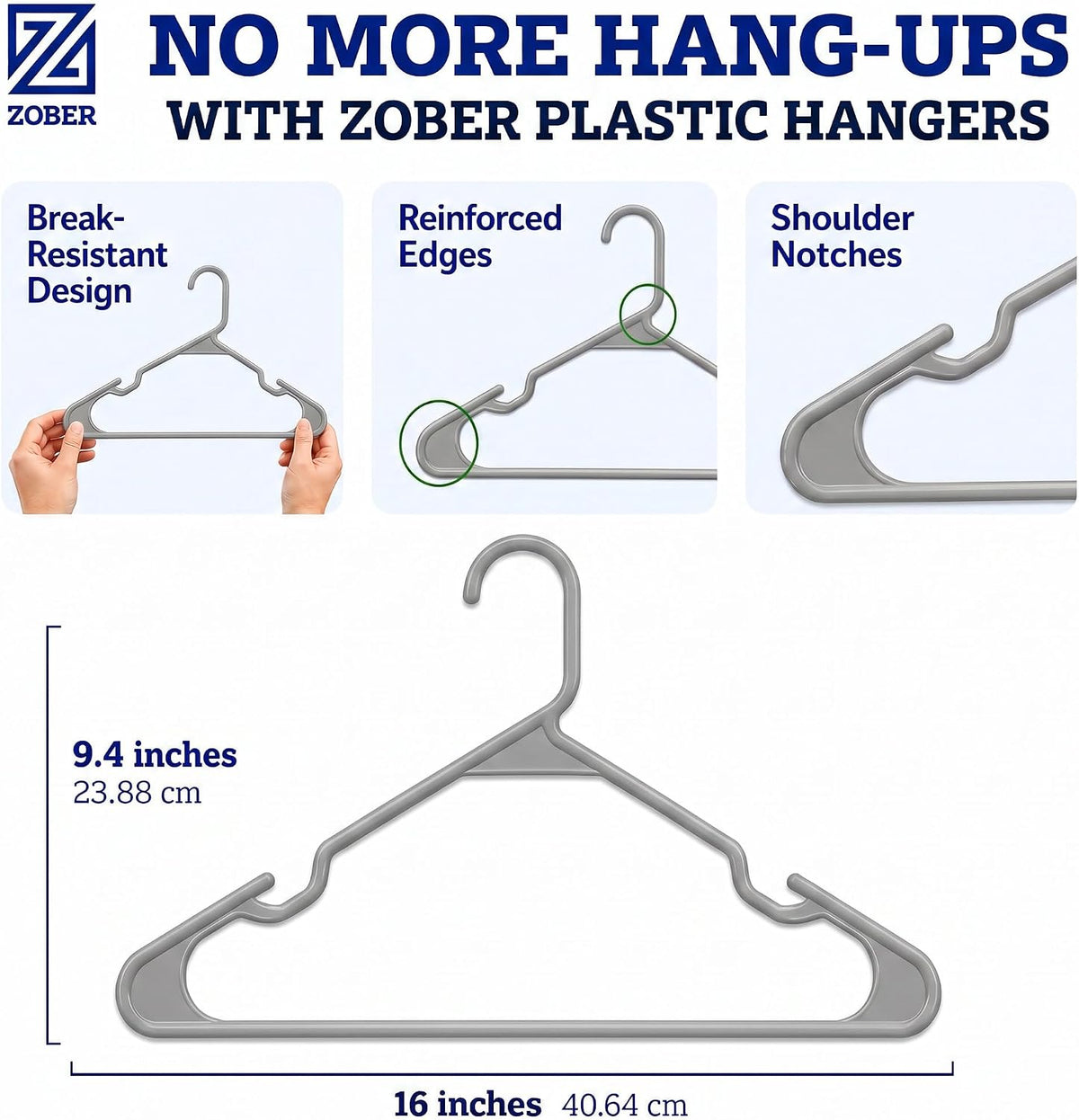 Zober Gray Plastic Hangers 50 Pack, Clothes Hangers Plastic