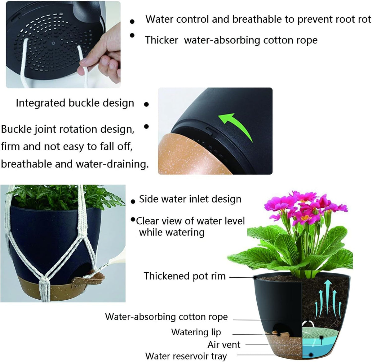 Hanging Planters with Macrame Plant Hangers for Indoor Outdoor Plants, 3 Set Hanging Baskets Flower Pots Holders 35''/27''/21'', Self-Watering Pots 7''/6''/5.5'', Boho Home Decor, Black