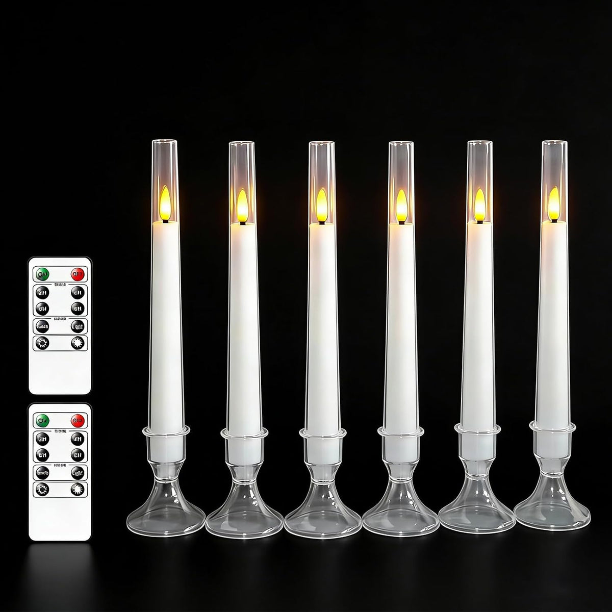 MUMCHASI White Flameless Candles, Battery Operated Taper Candles for Wedding, 6 Pcs LED Candlesticks, Acrylic Flickering Candlelights with Remote for Home Table Wedding Party Decor H9.45”