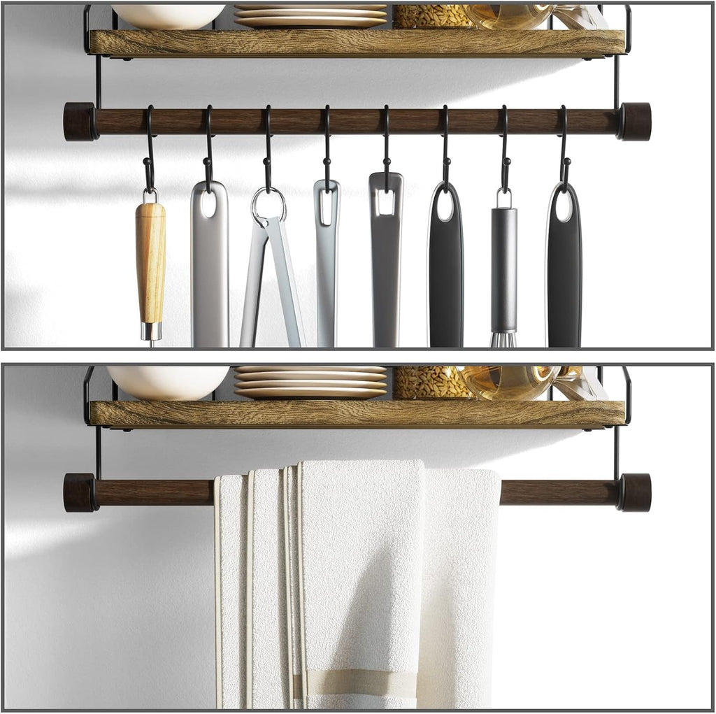 Alsonerbay Floating Shelf for Wall with Wooden Towel Bar, Carbonized Black