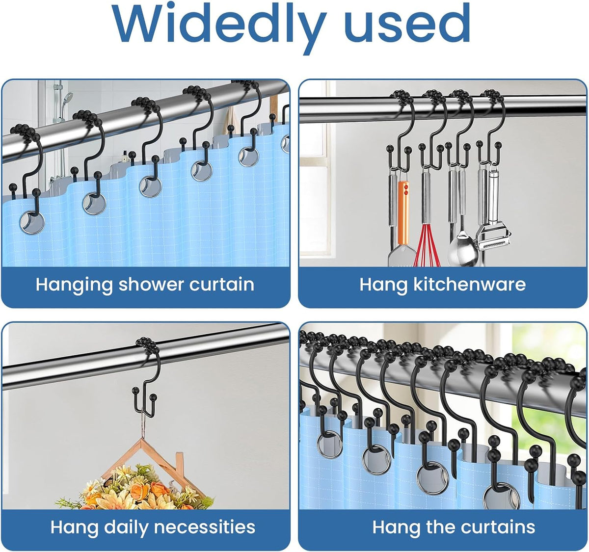 Black Shower Curtain Hooks Double Sided with Roller Balls