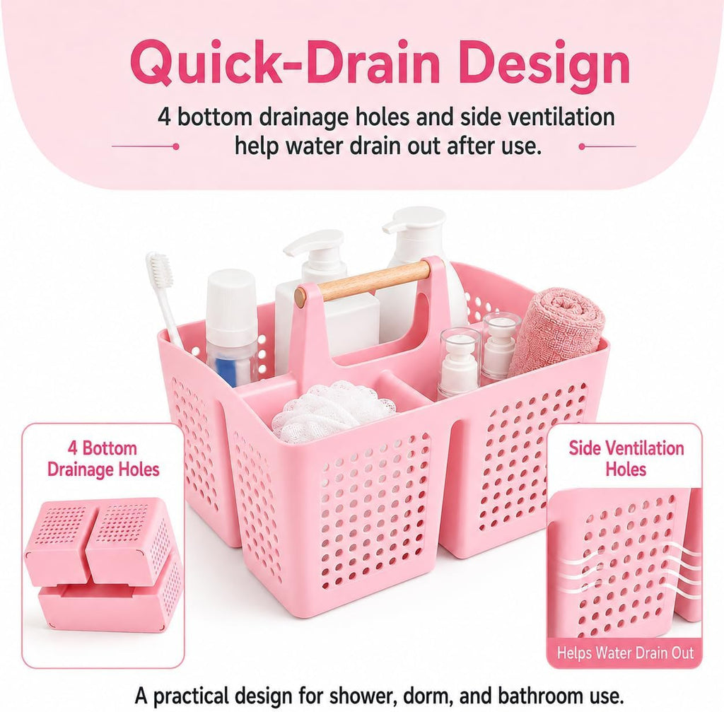 Portable Shower Caddy Basket with 3 Compartments and Handle, Caddy Pink